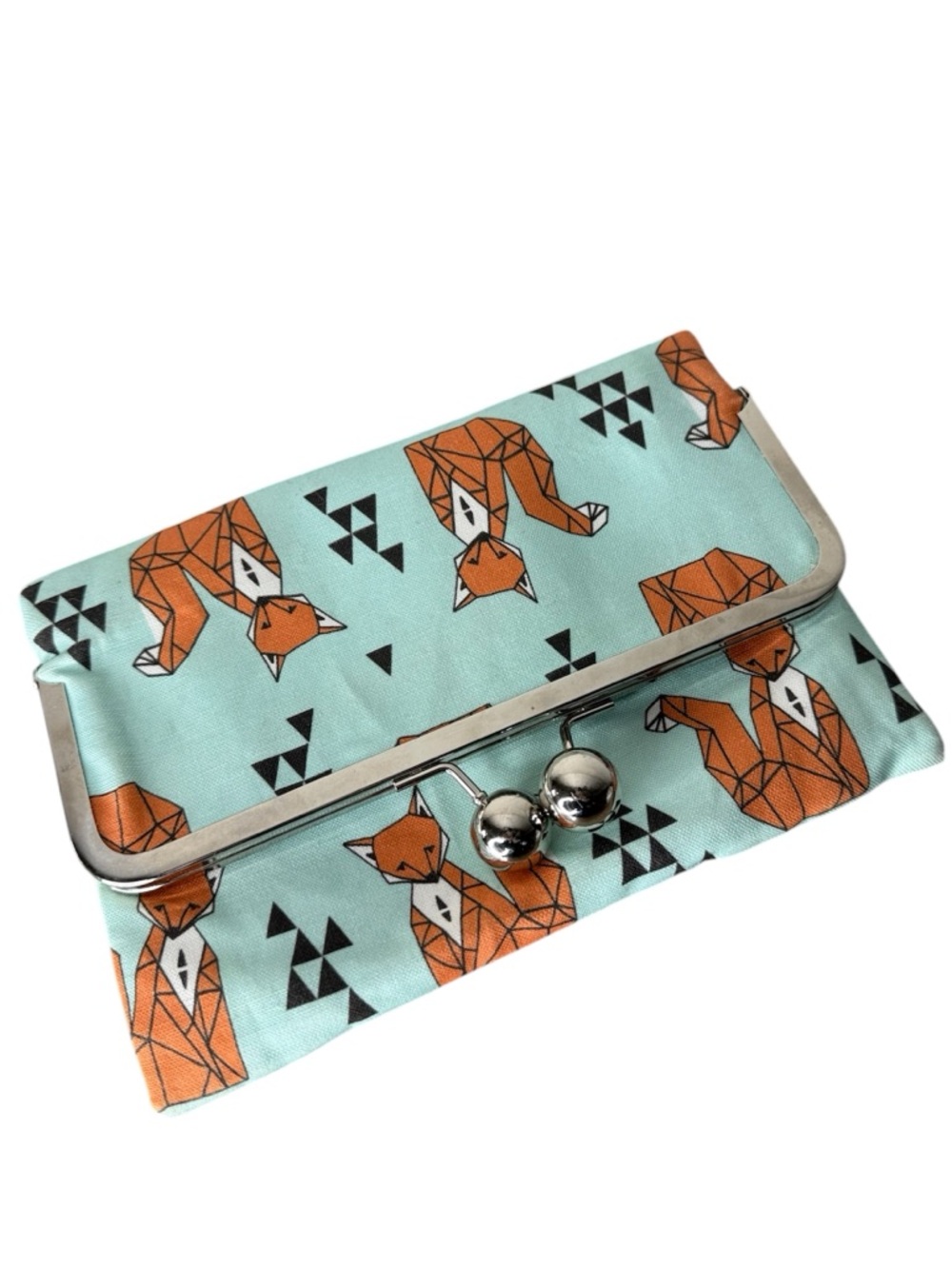 OLIVIA AVENUE Teal Blue Native Geometric Fox Canvas Clutch Bag Large Kiss Lock